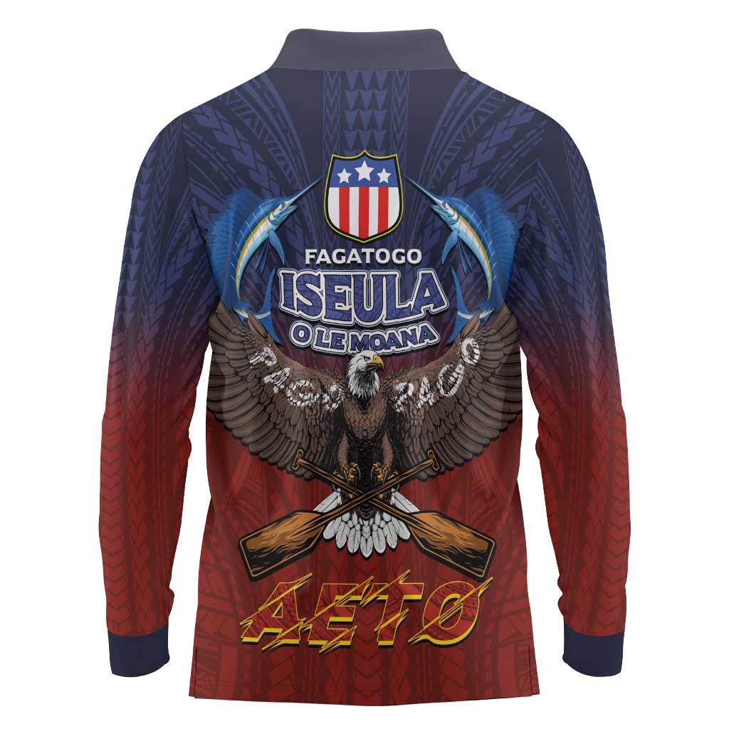 American Samoa Fautasi Long Sleeve Polo Shirt Pago Pago Aeto and Iseula o le Moana of Fagatogo Red-Blue LT03 - Polynesian Pride