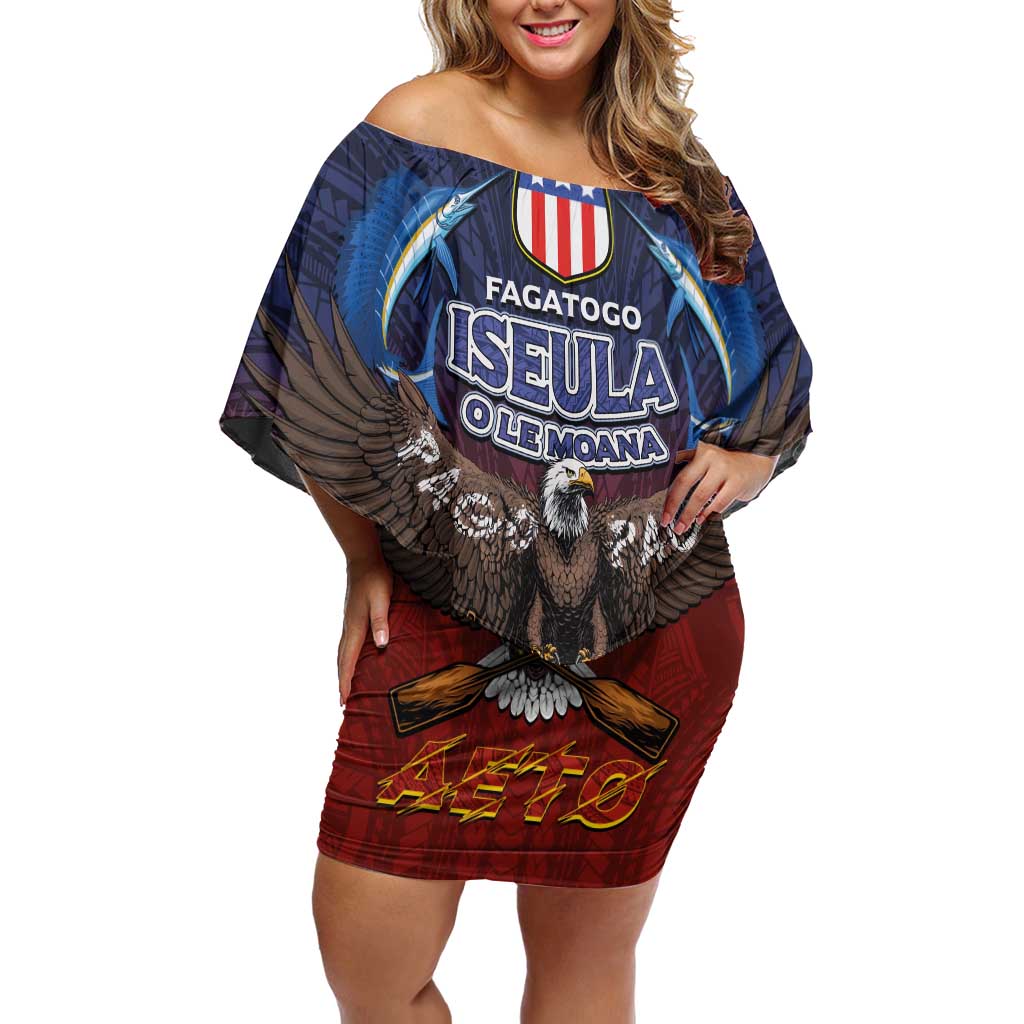 American Samoa Fautasi Off Shoulder Short Dress Pago Pago Aeto and Iseula o le Moana of Fagatogo Red-Blue - Polynesian Pride