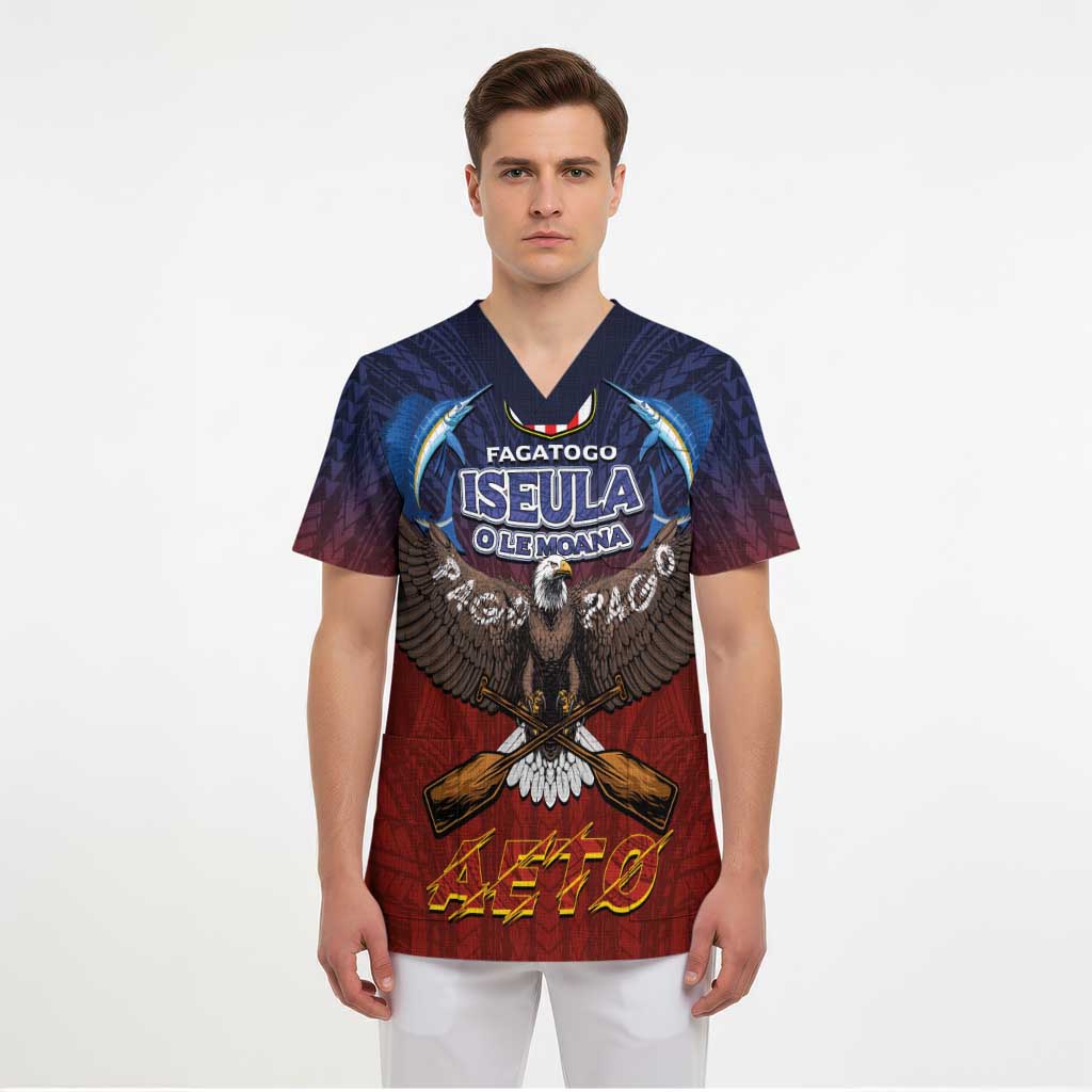 American Samoa Fautasi Scrub Top Pago Pago Aeto and Iseula o le Moana of Fagatogo Red-Blue LT03 - Polynesian Pride