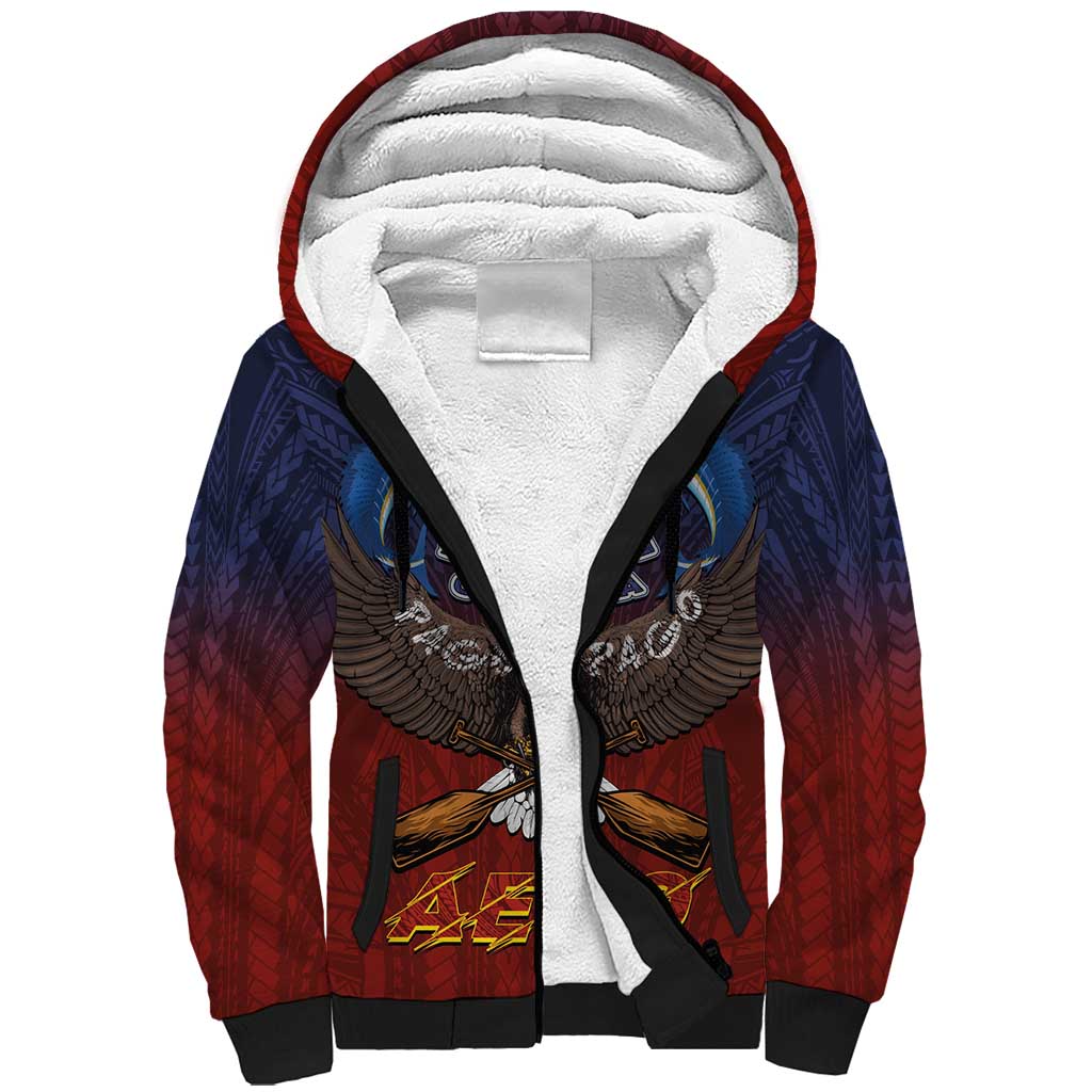 American Samoa Fautasi Sherpa Hoodie Pago Pago Aeto and Iseula o le Moana of Fagatogo Red-Blue - Polynesian Pride