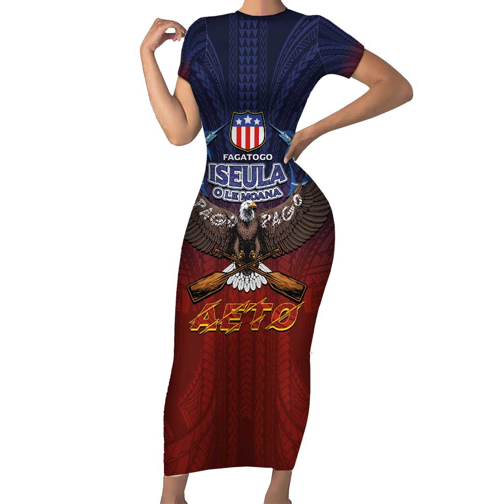 American Samoa Fautasi Short Sleeve Bodycon Dress Pago Pago Aeto and Iseula o le Moana of Fagatogo Red-Blue LT03 Long Dress Blue - Polynesian Pride