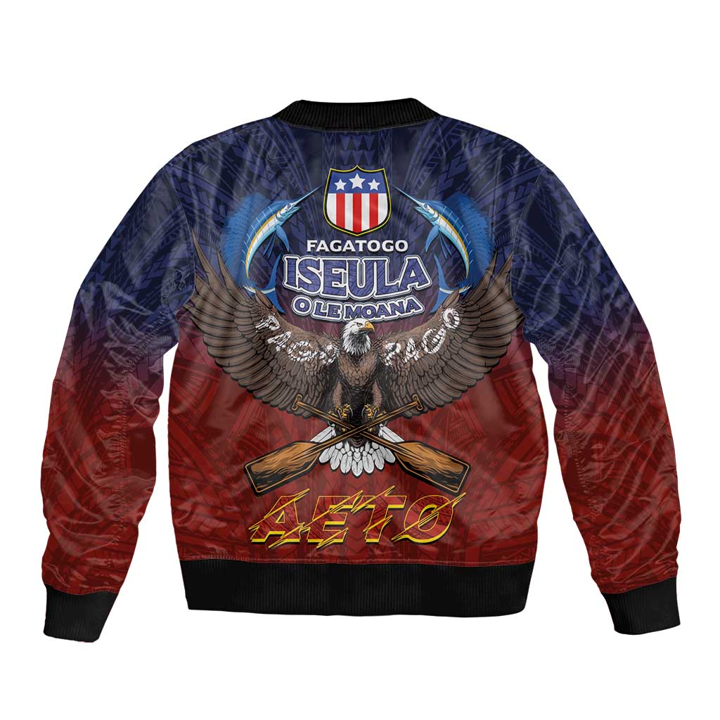 American Samoa Fautasi Sleeve Zip Bomber Jacket Pago Pago Aeto and Iseula o le Moana of Fagatogo Red-Blue LT03 - Polynesian Pride