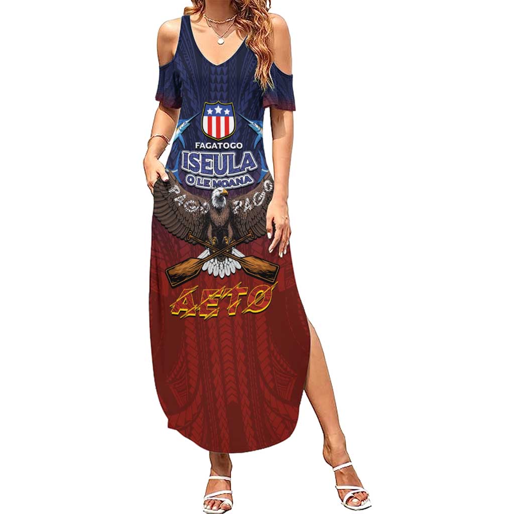 American Samoa Fautasi Summer Maxi Dress Pago Pago Aeto and Iseula o le Moana of Fagatogo Red-Blue - Polynesian Pride