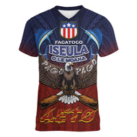 American Samoa Fautasi Women V-Neck T-Shirt Pago Pago Aeto and Iseula o le Moana of Fagatogo Red-Blue LT03 Female Blue - Polynesian Pride