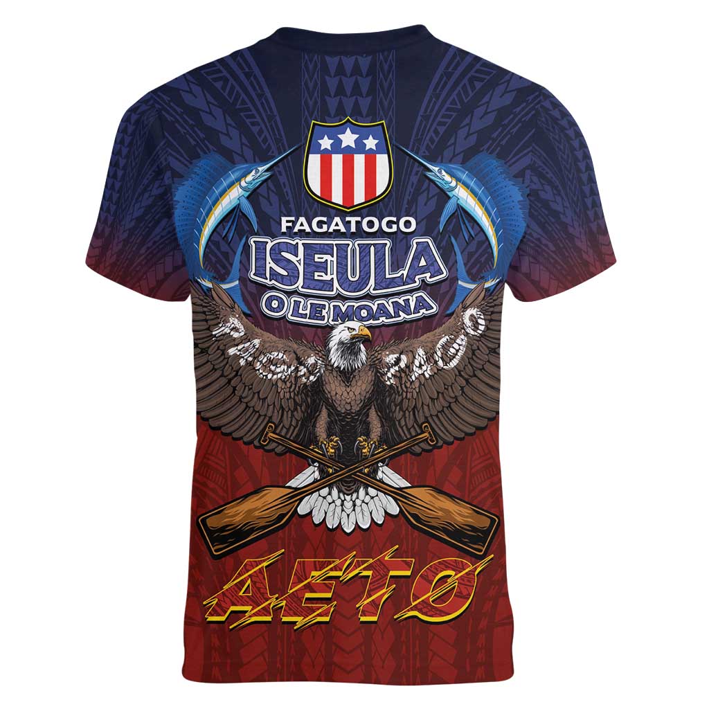 American Samoa Fautasi Women V-Neck T-Shirt Pago Pago Aeto and Iseula o le Moana of Fagatogo Red-Blue LT03 - Polynesian Pride