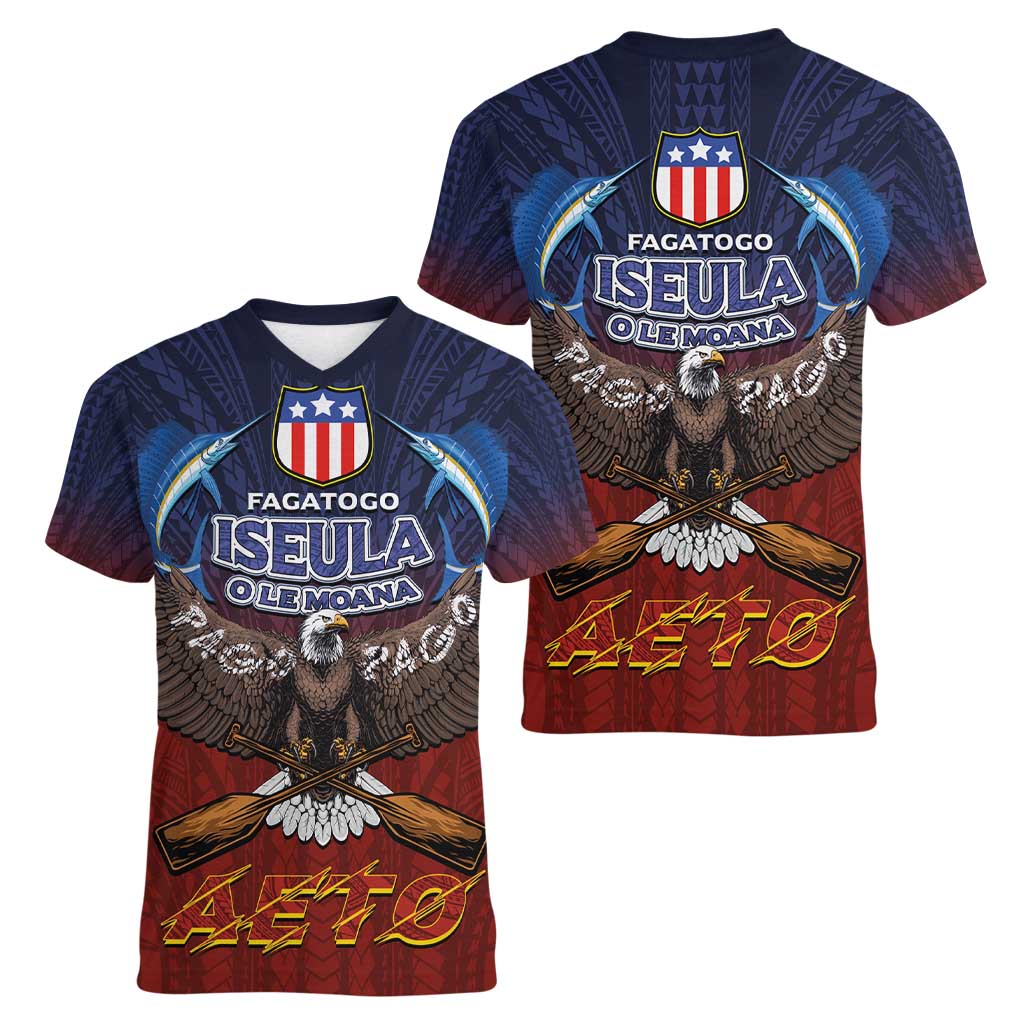 American Samoa Fautasi Women V-Neck T-Shirt Pago Pago Aeto and Iseula o le Moana of Fagatogo Red-Blue LT03 - Polynesian Pride
