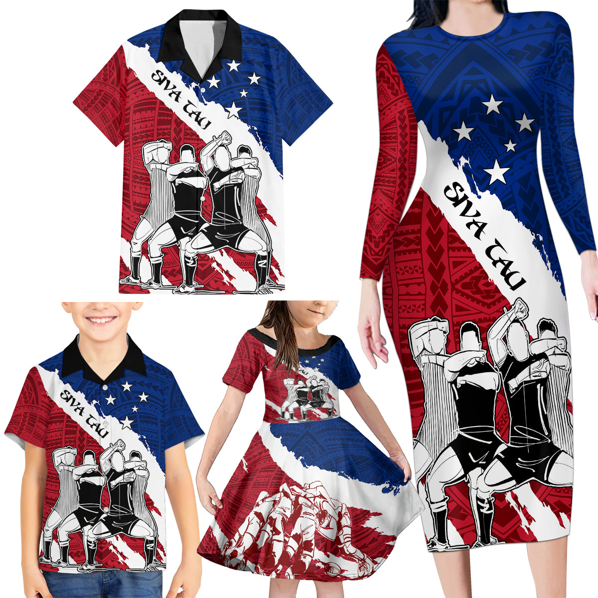 Samoa Rugby Family Matching Long Sleeve Bodycon Dress and Hawaiian Shirt Siva Tau Dance Polynesian Tattoo Brush Style LT03 - Polynesian Pride