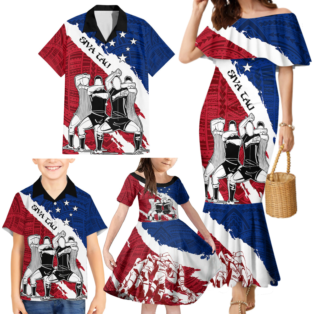 Samoa Rugby Family Matching Mermaid Dress and Hawaiian Shirt Siva Tau Dance Polynesian Tattoo Brush Style LT03 - Polynesian Pride