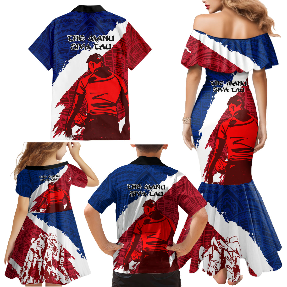 Samoa Rugby Family Matching Mermaid Dress and Hawaiian Shirt Siva Tau Dance Polynesian Tattoo Brush Style LT03 - Polynesian Pride