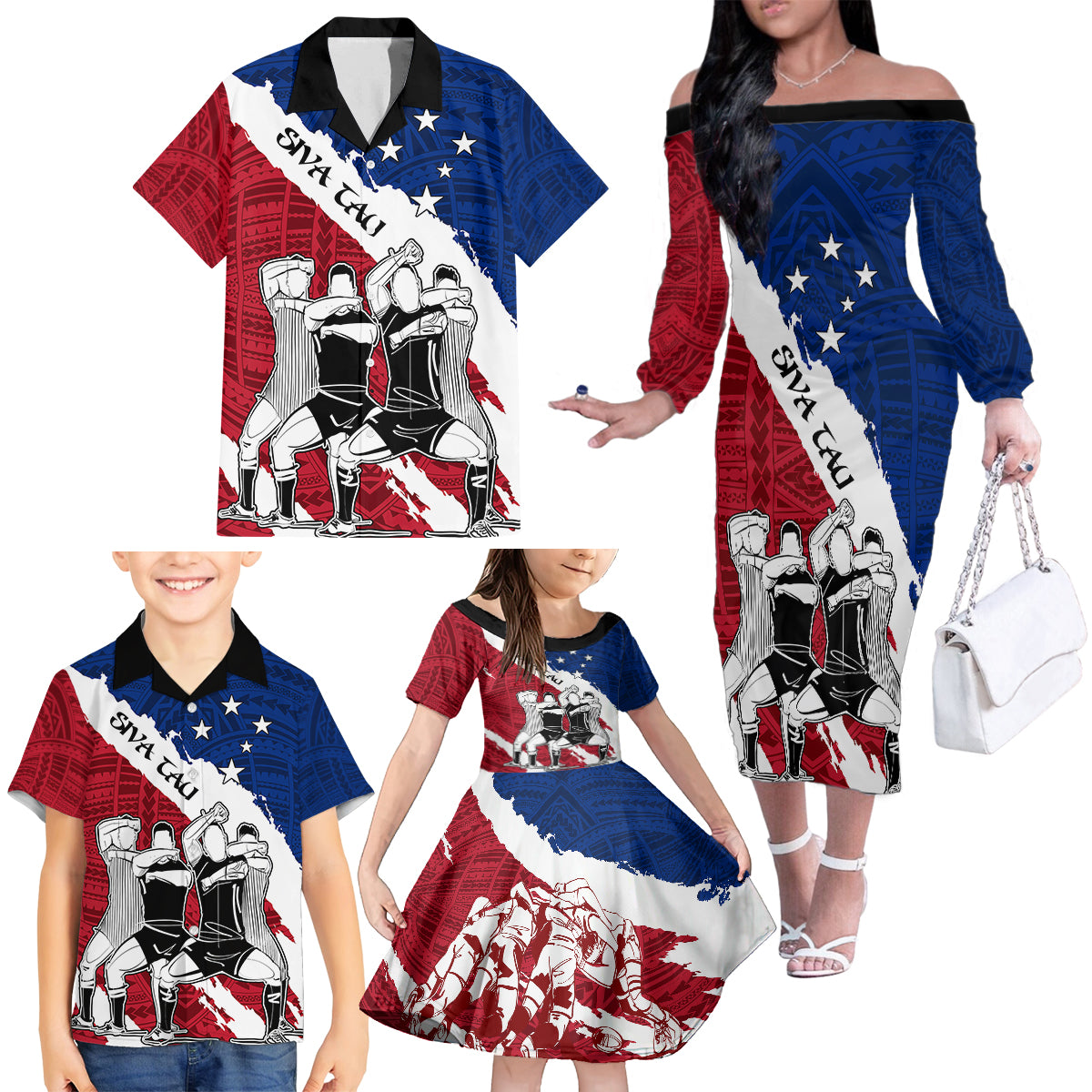 Samoa Rugby Family Matching Off Shoulder Long Sleeve Dress and Hawaiian Shirt Siva Tau Dance Polynesian Tattoo Brush Style LT03 - Polynesian Pride