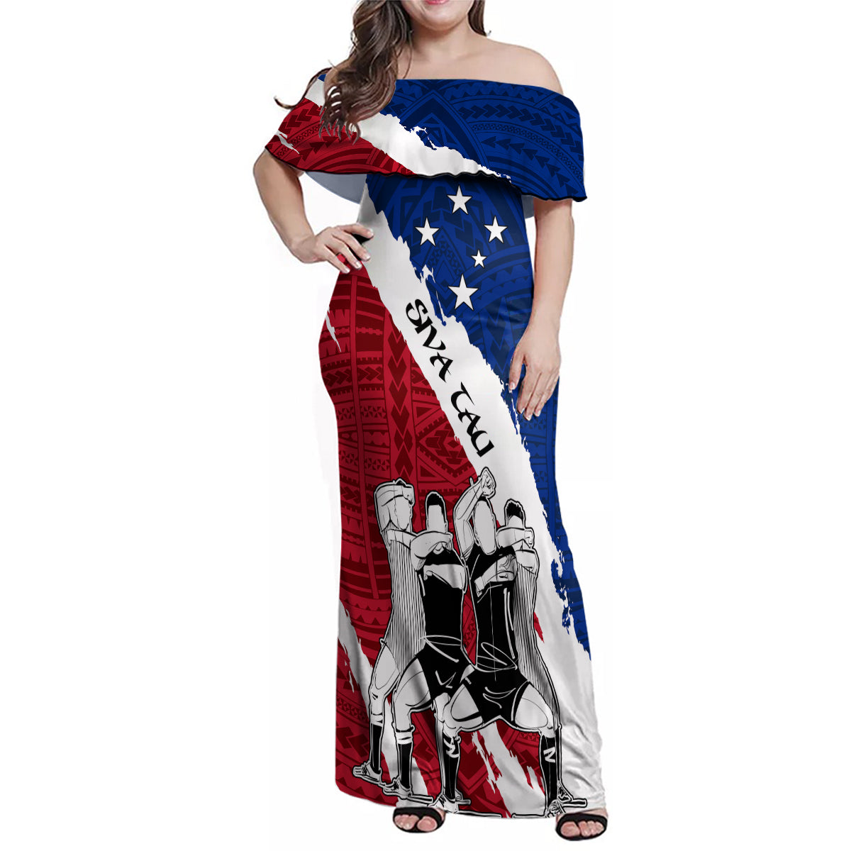 Samoa Rugby Family Matching Off Shoulder Maxi Dress and Hawaiian Shirt Siva Tau Dance Polynesian Tattoo Brush Style LT03 Mom's Dress Red - Polynesian Pride