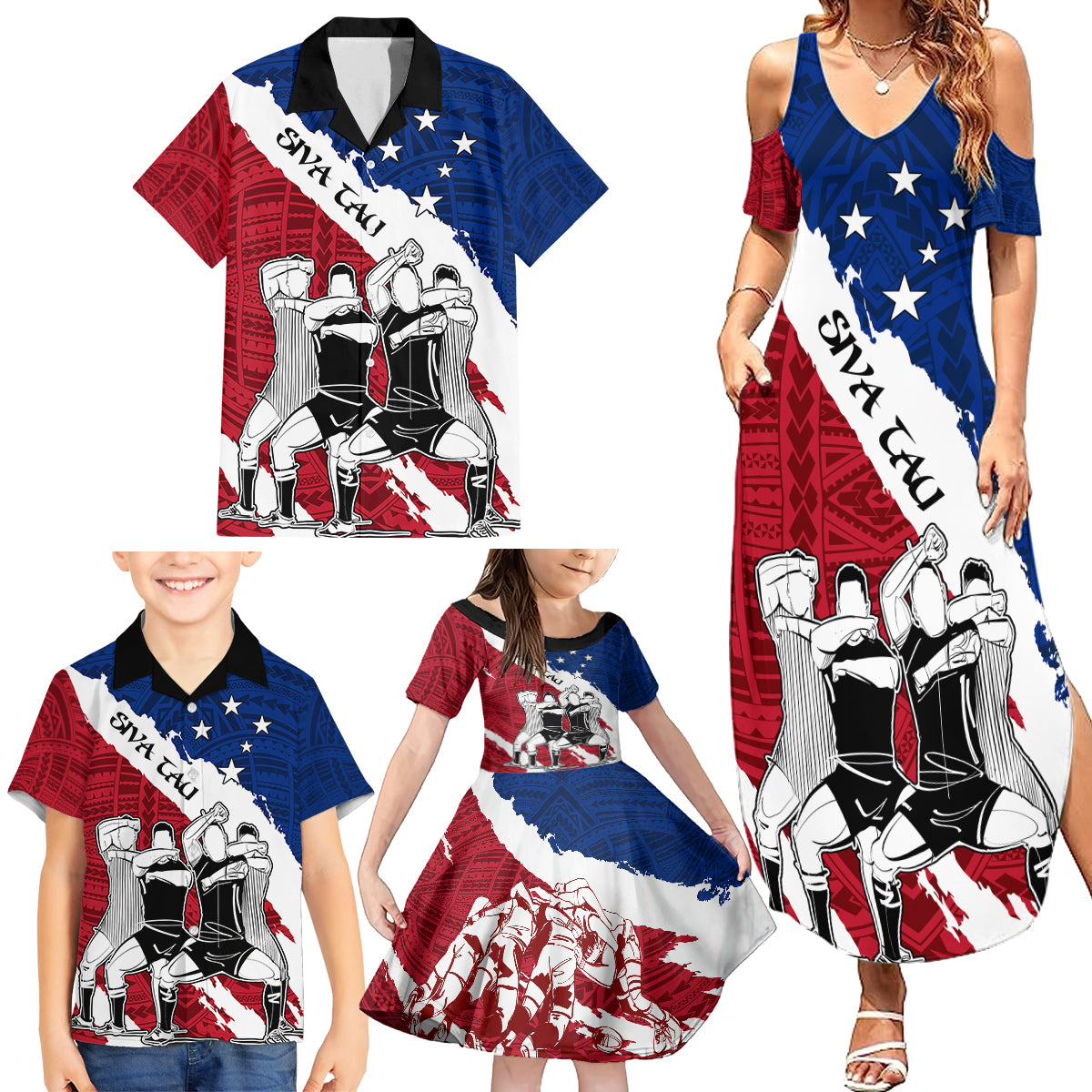 Samoa Rugby Family Matching Summer Maxi Dress and Hawaiian Shirt Siva Tau Dance Polynesian Tattoo Brush Style LT03 - Polynesian Pride