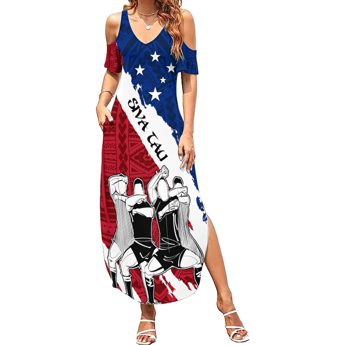 Samoa Rugby Family Matching Summer Maxi Dress and Hawaiian Shirt Siva Tau Dance Polynesian Tattoo Brush Style LT03 Mom's Dress Red - Polynesian Pride
