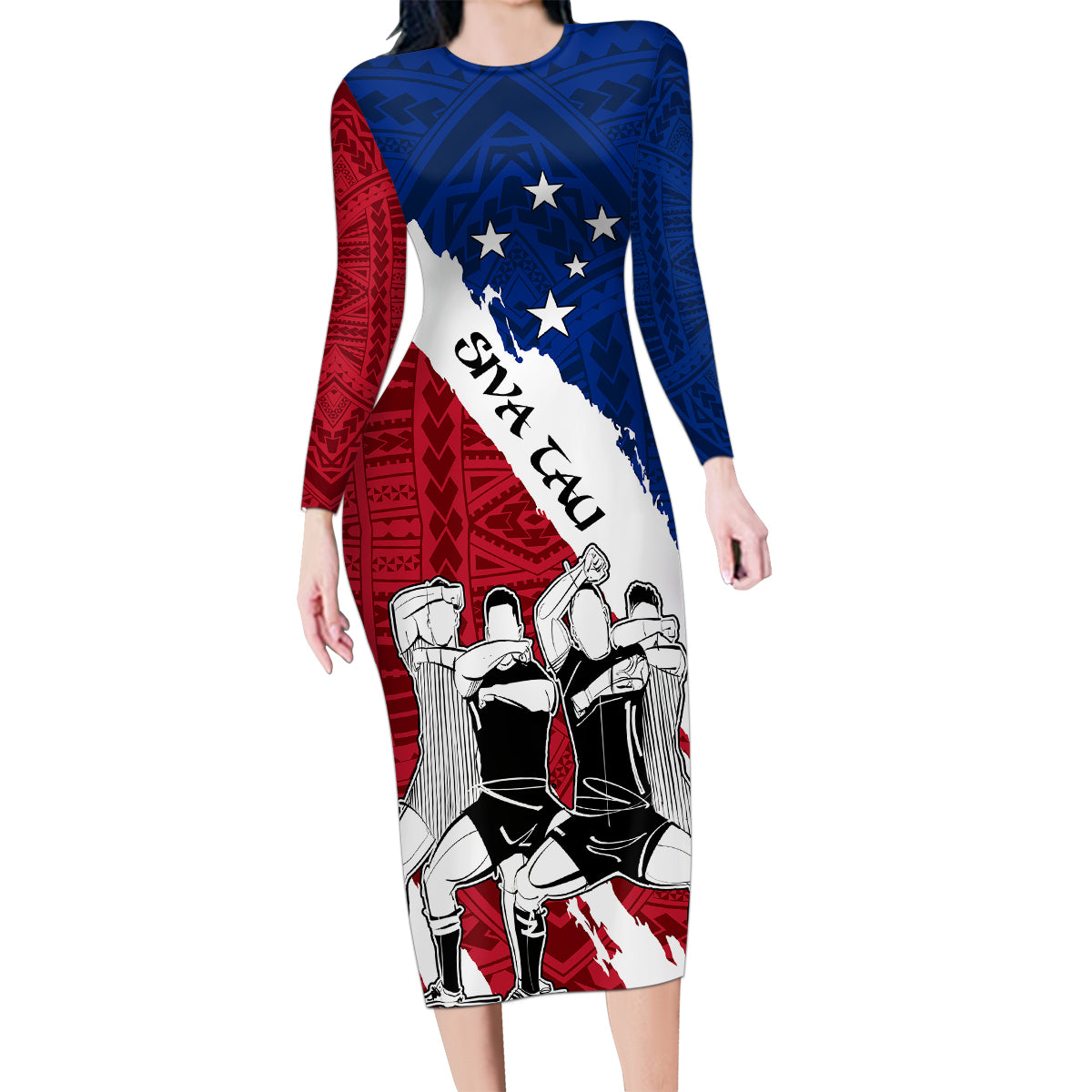 Custom Samoa Rugby Family Matching Long Sleeve Bodycon Dress and Hawaiian Shirt Siva Tau Dance Polynesian Tattoo Brush Style LT03 Mom's Dress Red - Polynesian Pride