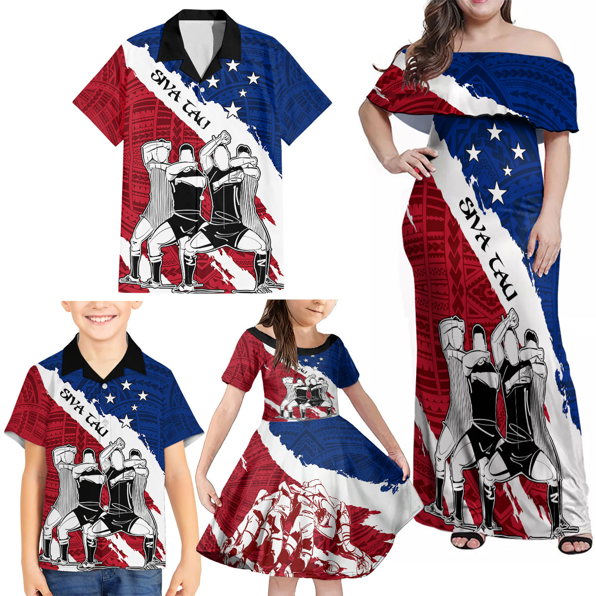 Custom Samoa Rugby Family Matching Off Shoulder Maxi Dress and Hawaiian Shirt Siva Tau Dance Polynesian Tattoo Brush Style LT03 - Polynesian Pride