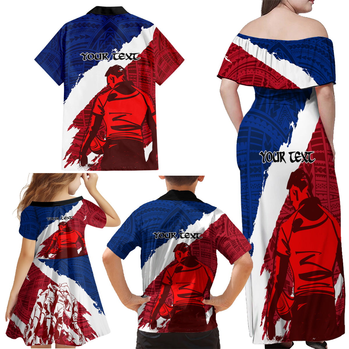 Custom Samoa Rugby Family Matching Off Shoulder Maxi Dress and Hawaiian Shirt Siva Tau Dance Polynesian Tattoo Brush Style LT03 - Polynesian Pride