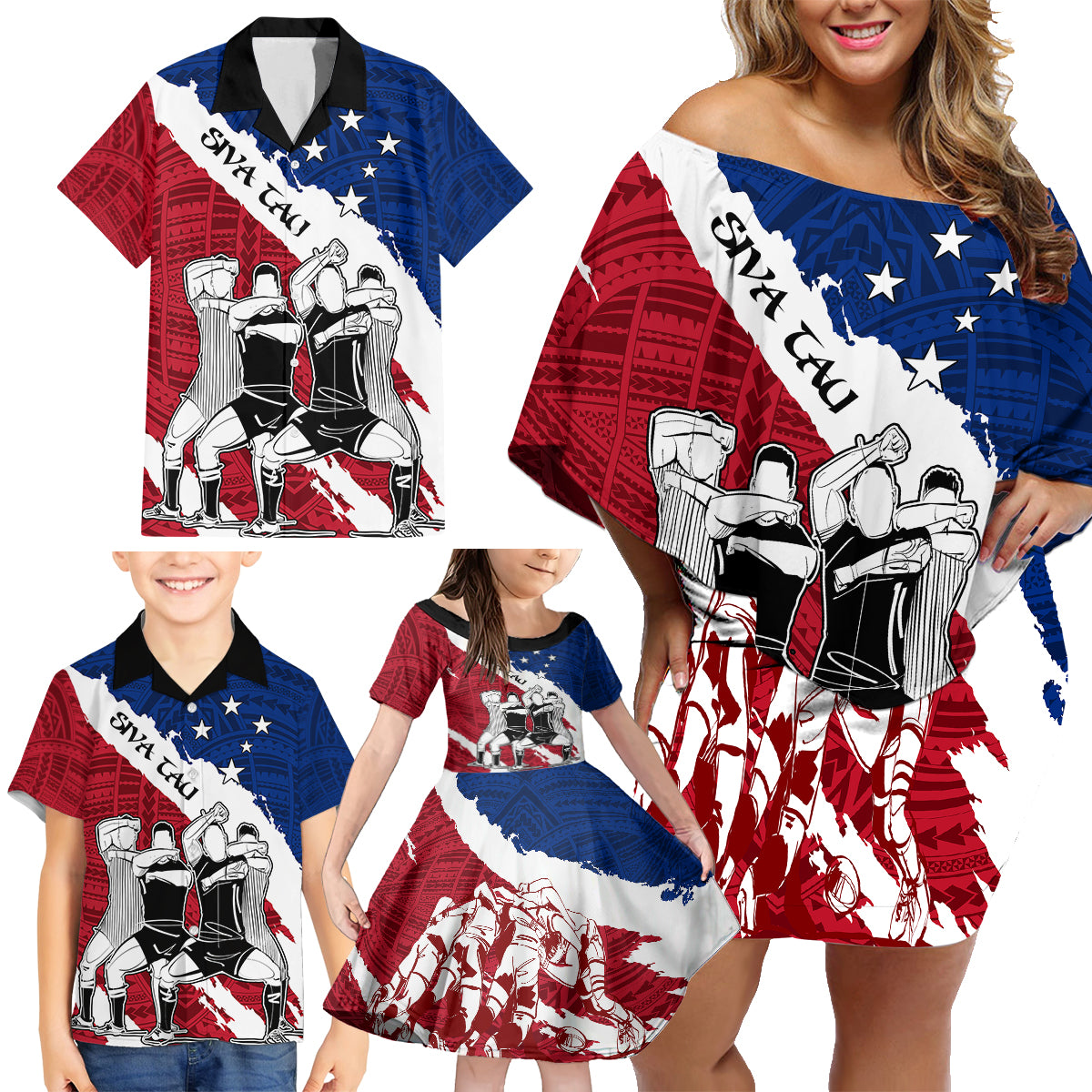 Custom Samoa Rugby Family Matching Off Shoulder Short Dress and Hawaiian Shirt Siva Tau Dance Polynesian Tattoo Brush Style LT03 - Polynesian Pride