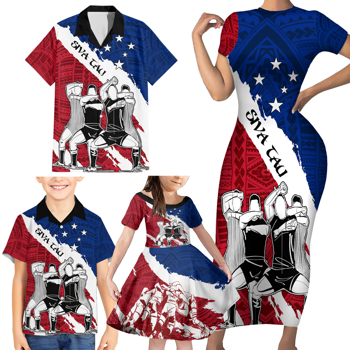 Custom Samoa Rugby Family Matching Short Sleeve Bodycon Dress and Hawaiian Shirt Siva Tau Dance Polynesian Tattoo Brush Style LT03 - Polynesian Pride