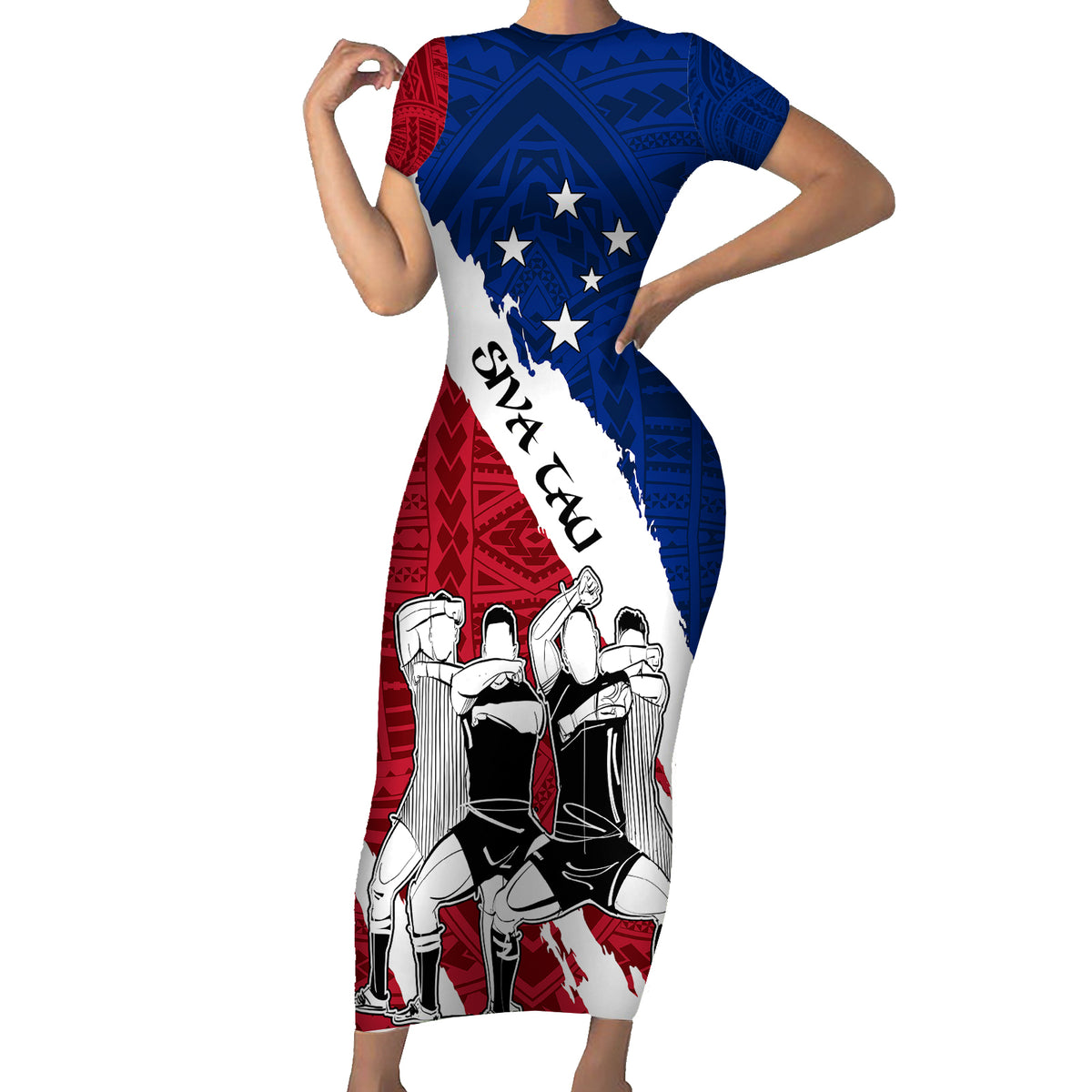 Custom Samoa Rugby Family Matching Short Sleeve Bodycon Dress and Hawaiian Shirt Siva Tau Dance Polynesian Tattoo Brush Style LT03 Mom's Dress Red - Polynesian Pride