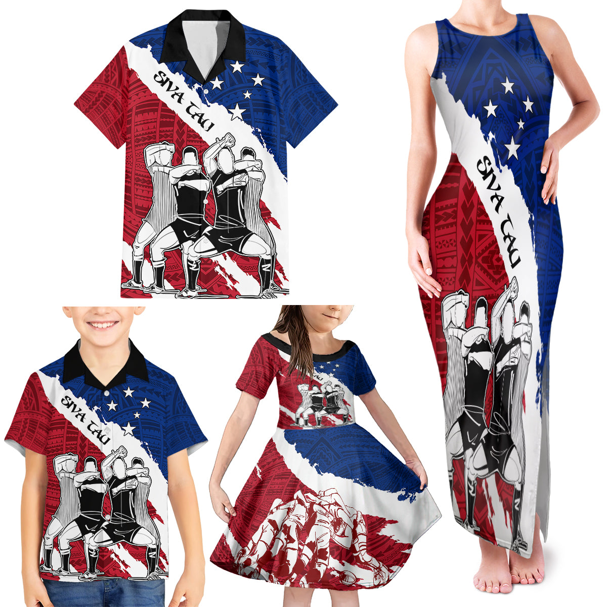 Custom Samoa Rugby Family Matching Tank Maxi Dress and Hawaiian Shirt Siva Tau Dance Polynesian Tattoo Brush Style LT03 - Polynesian Pride