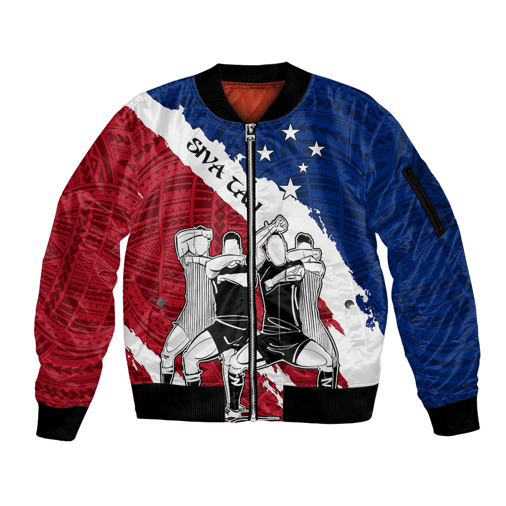 custom-samoa-rugby-sleeve-zip-bomber-jacket-siva-tau-dance-polynesian-tattoo-brush-style
