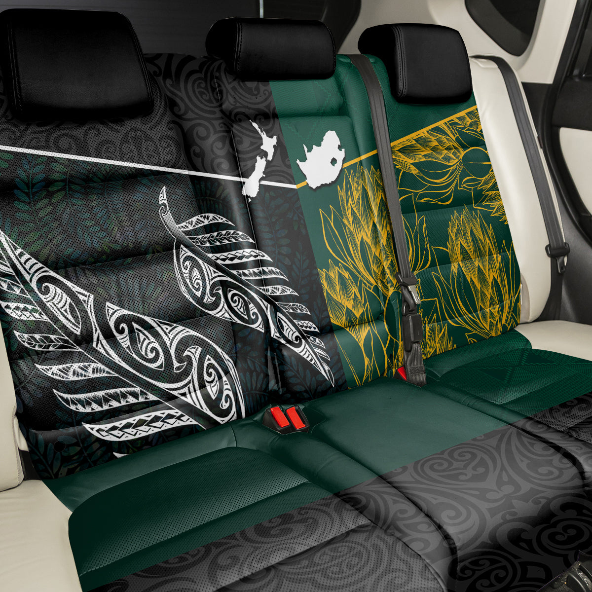 South Africa and New Zealand Back Car Seat Cover King Protea and Silver Fern Mix Culture Pattern LT03 - Polynesian Pride