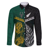 South Africa and New Zealand Family Matching Tank Maxi Dress and Hawaiian Shirt King Protea and Silver Fern Mix Culture Pattern LT03 Dad's Shirt - Long Sleeve Black - Polynesian Pride