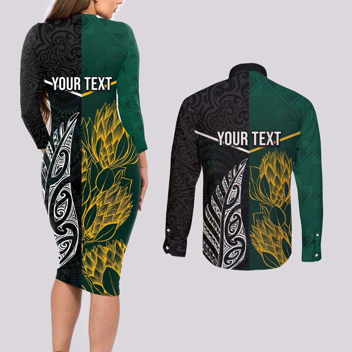 Personalised South Africa and New Zealand Couples Matching Long Sleeve Bodycon Dress and Long Sleeve Button Shirt King Protea and Silver Fern Mix Culture Pattern LT03 - Polynesian Pride