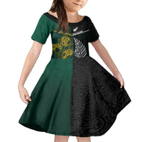 Personalised South Africa and New Zealand Family Matching Off Shoulder Short Dress and Hawaiian Shirt King Protea and Silver Fern Mix Culture Pattern LT03 Daughter's Dress Black - Polynesian Pride
