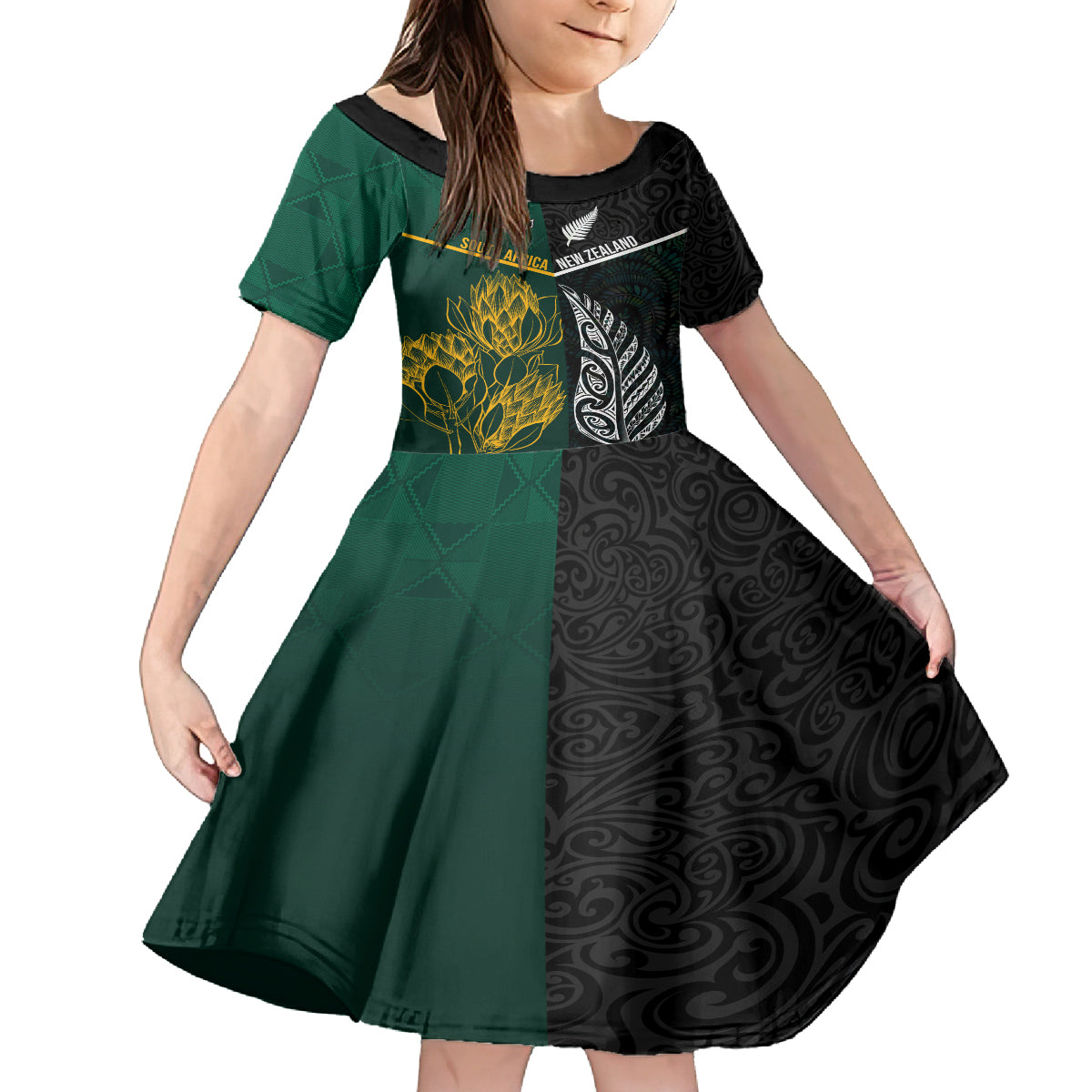 Personalised South Africa and New Zealand Family Matching Tank Maxi Dress and Hawaiian Shirt King Protea and Silver Fern Mix Culture Pattern LT03 Daughter's Dress Black - Polynesian Pride