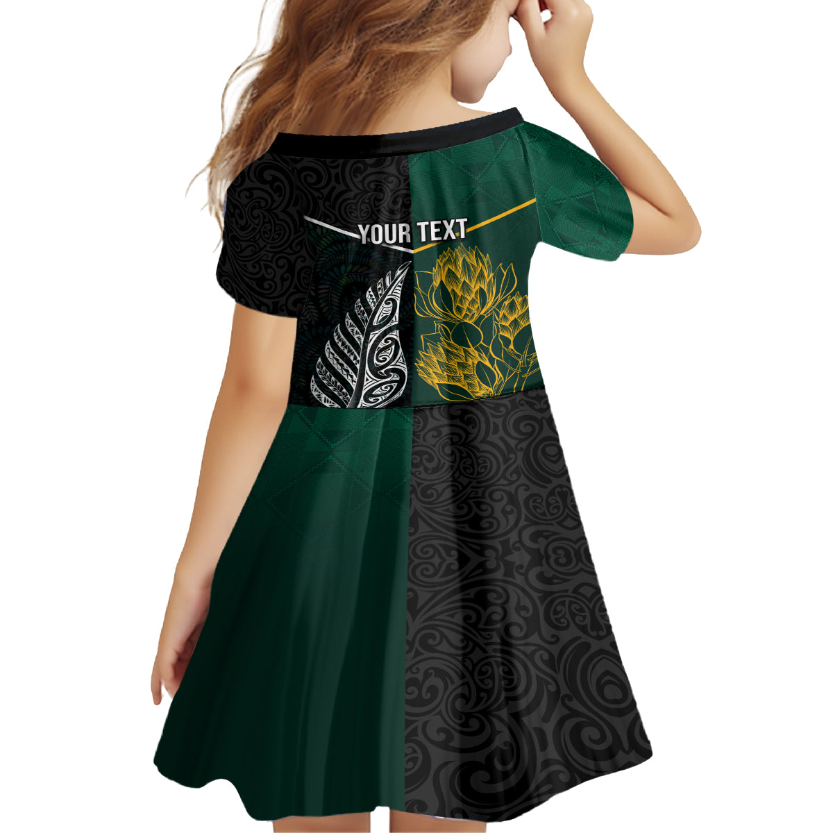 Personalised South Africa and New Zealand Kid Short Sleeve Dress King Protea and Silver Fern Mix Culture Pattern LT03 - Polynesian Pride