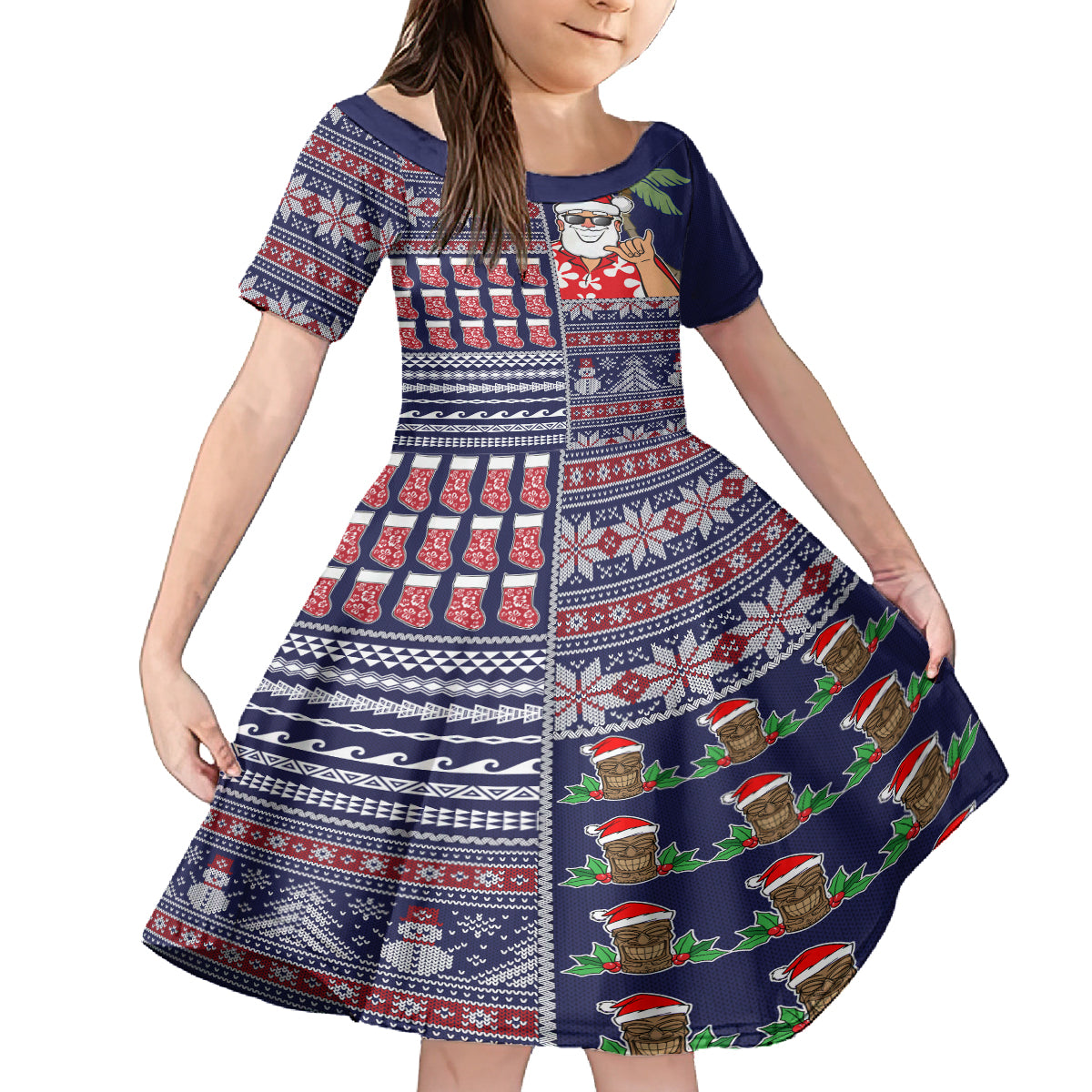 Hawaii Mele Kalikimaka Family Matching Off Shoulder Maxi Dress and Hawaiian Shirt Aloha and Christmas Elements Patchwork Blue Style LT03 Daughter's Dress Blue - Polynesian Pride