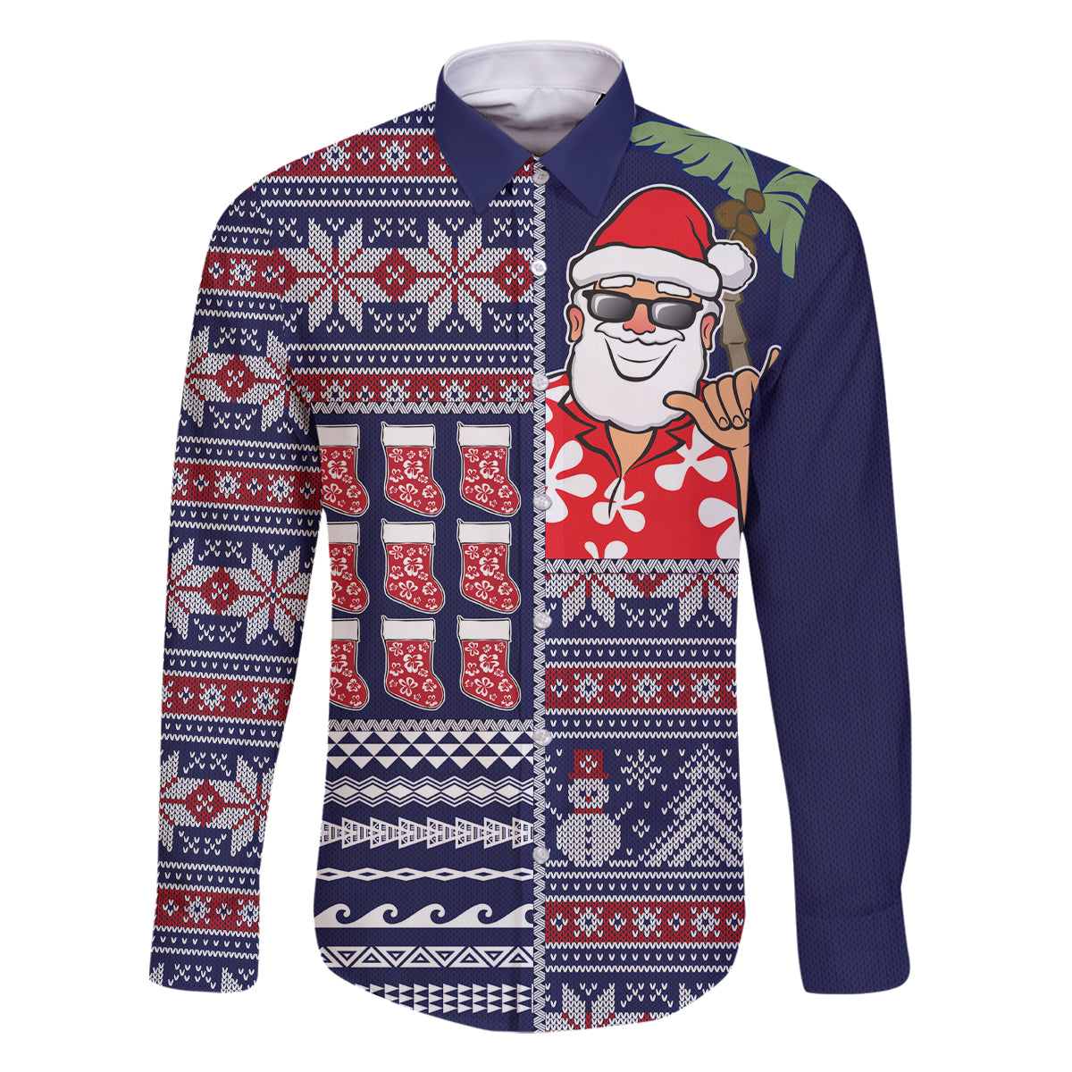 Hawaii Mele Kalikimaka Family Matching Off Shoulder Maxi Dress and Hawaiian Shirt Aloha and Christmas Elements Patchwork Blue Style LT03 Dad's Shirt - Long Sleeve Blue - Polynesian Pride