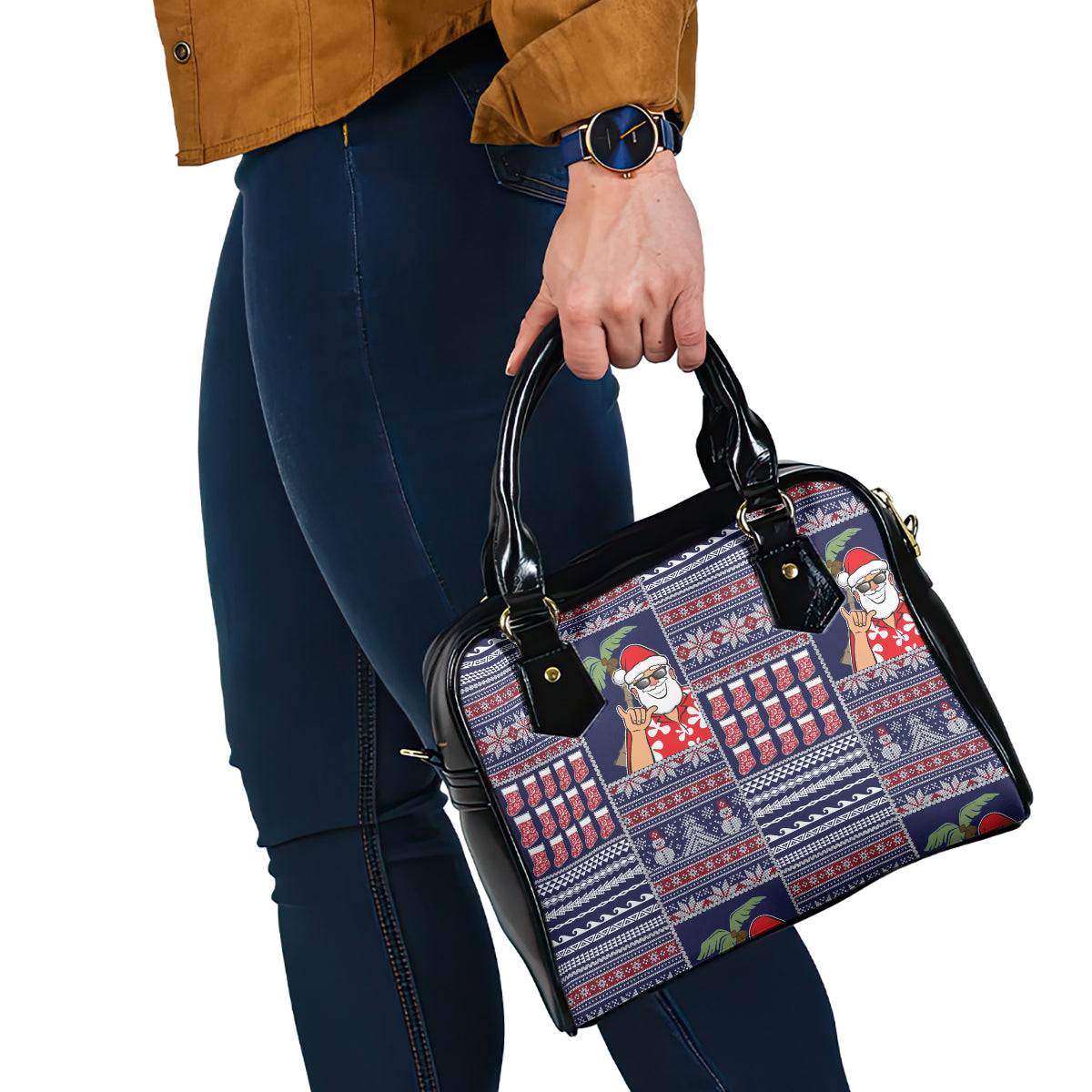 Hawaii Mele Kalikimaka Shoulder Handbag Aloha and Christmas Elements Patchwork Blue Style LT03 - Polynesian Pride