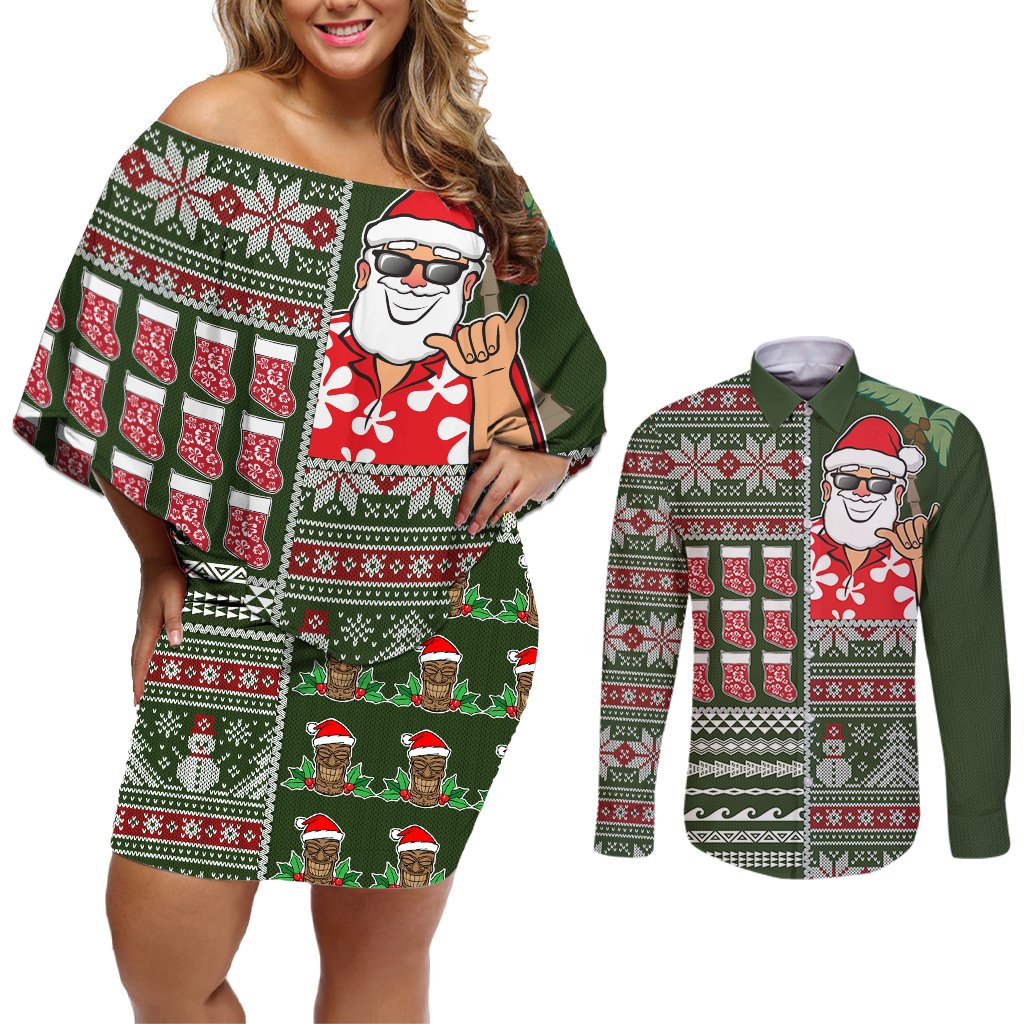 Hawaii Mele Kalikimaka Couples Matching Off Shoulder Short Dress and Long Sleeve Button Shirt Aloha and Christmas Elements Patchwork Green Style LT03 Green - Polynesian Pride