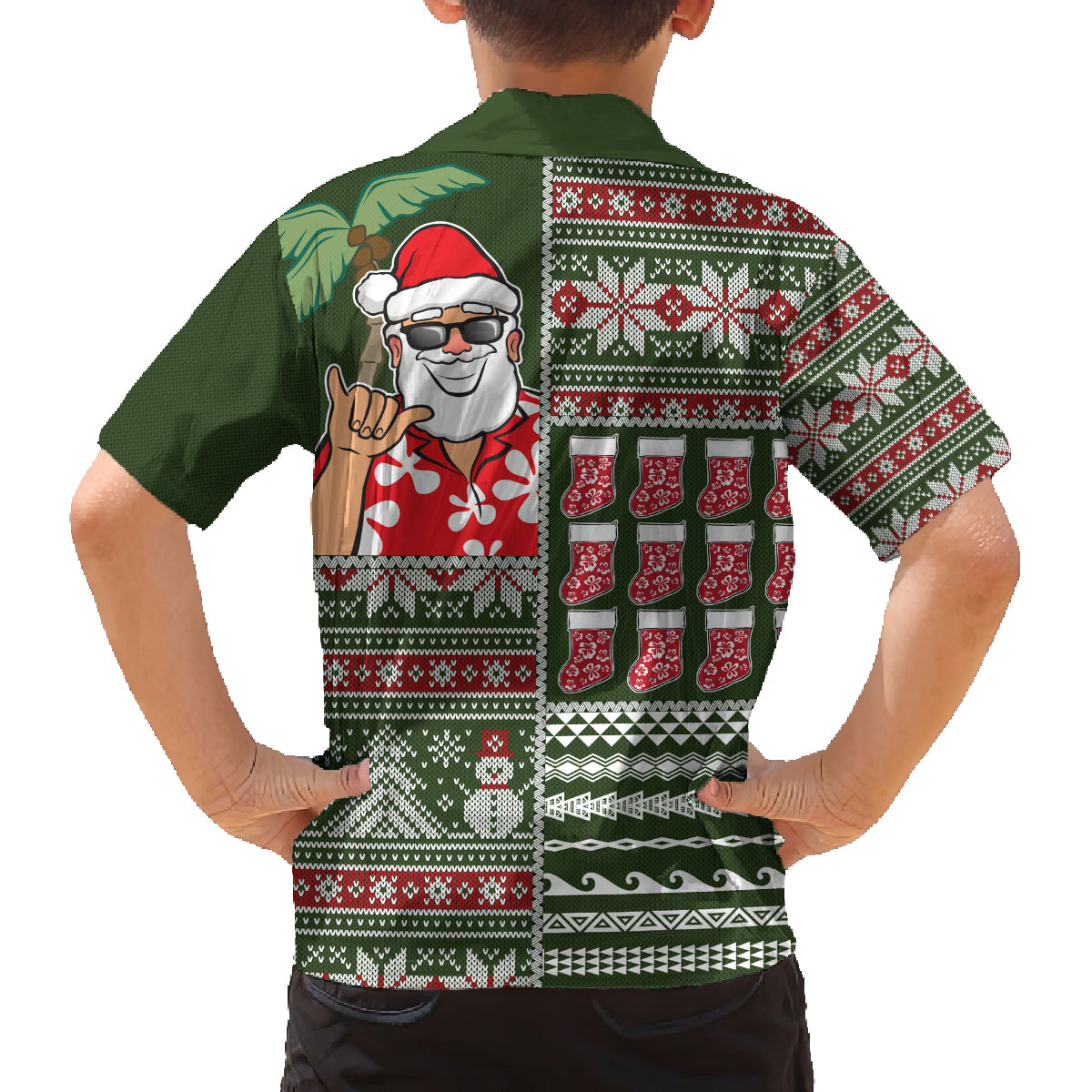 Hawaii Mele Kalikimaka Family Matching Long Sleeve Bodycon Dress and Hawaiian Shirt Aloha and Christmas Elements Patchwork Green Style LT03 - Polynesian Pride