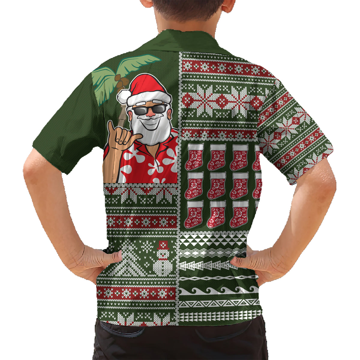 Hawaii Mele Kalikimaka Family Matching Short Sleeve Bodycon Dress and Hawaiian Shirt Aloha and Christmas Elements Patchwork Green Style LT03 - Polynesian Pride