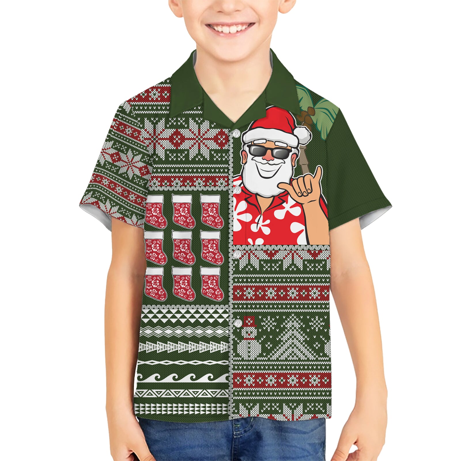 Hawaii Mele Kalikimaka Kid Hawaiian Shirt Aloha and Christmas Elements Patchwork Green Style LT03 Kid Green - Polynesian Pride