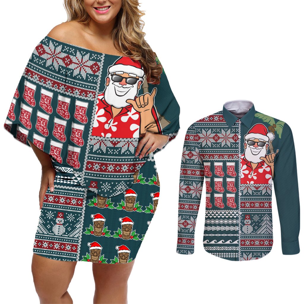 Hawaii Mele Kalikimaka Couples Matching Off Shoulder Short Dress and Long Sleeve Button Shirt Aloha and Christmas Elements Patchwork Turquoise Style LT03 Turquoise - Polynesian Pride