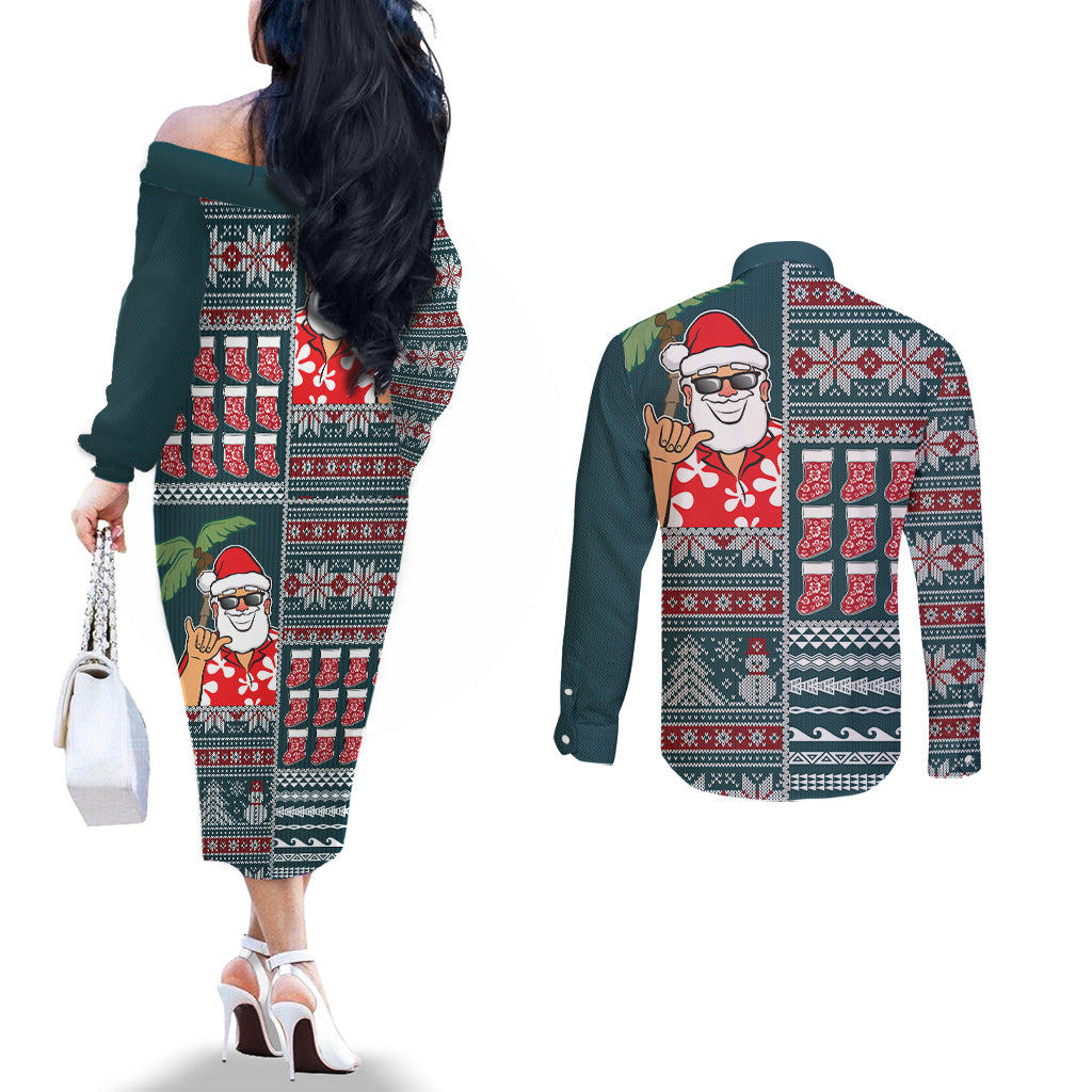 Hawaii Mele Kalikimaka Couples Matching Off The Shoulder Long Sleeve Dress and Long Sleeve Button Shirt Aloha and Christmas Elements Patchwork Turquoise Style LT03 - Polynesian Pride