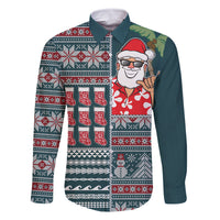 Hawaii Mele Kalikimaka Family Matching Off Shoulder Maxi Dress and Hawaiian Shirt Aloha and Christmas Elements Patchwork Turquoise Style LT03 Dad's Shirt - Long Sleeve Turquoise - Polynesian Pride