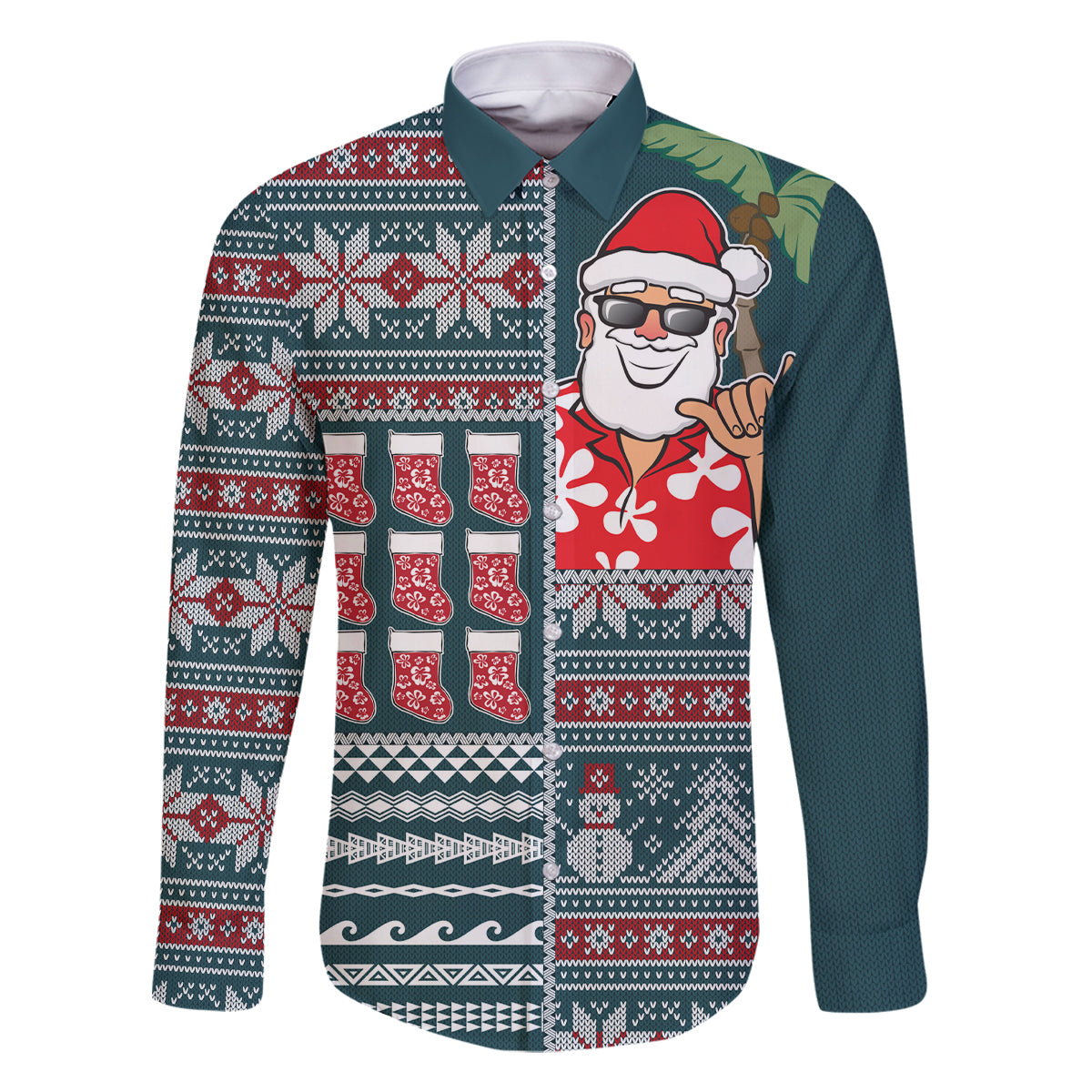 Hawaii Mele Kalikimaka Family Matching Summer Maxi Dress and Hawaiian Shirt Aloha and Christmas Elements Patchwork Turquoise Style LT03 Dad's Shirt - Long Sleeve Turquoise - Polynesian Pride