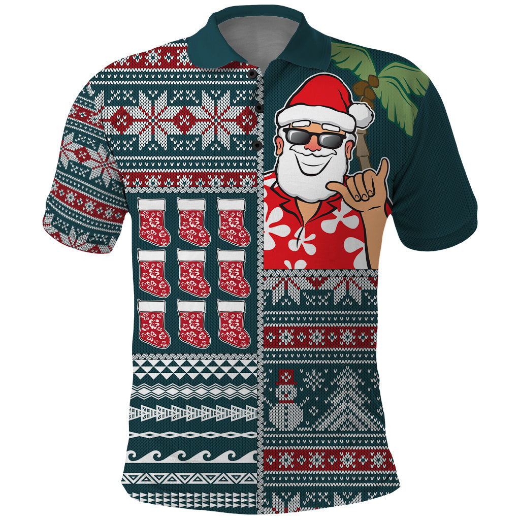 Hawaii Mele Kalikimaka Polo Shirt Aloha and Christmas Elements Patchwork Turquoise Style LT03 Turquoise - Polynesian Pride