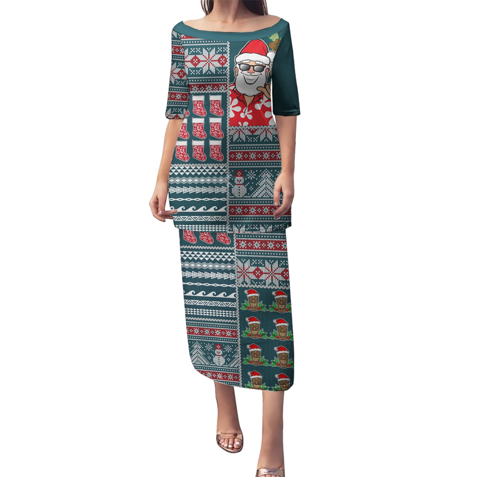 Hawaii Mele Kalikimaka Puletasi Aloha and Christmas Elements Patchwork Turquoise Style LT03 Long Dress Turquoise - Polynesian Pride