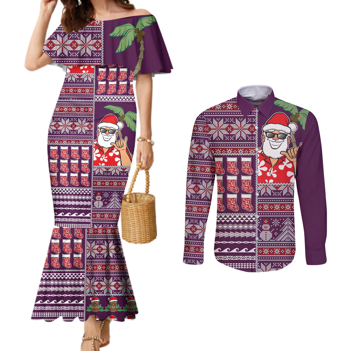 Hawaii Mele Kalikimaka Couples Matching Mermaid Dress and Long Sleeve Button Shirt Aloha and Christmas Elements Patchwork Pink Style LT03 Pink - Polynesian Pride