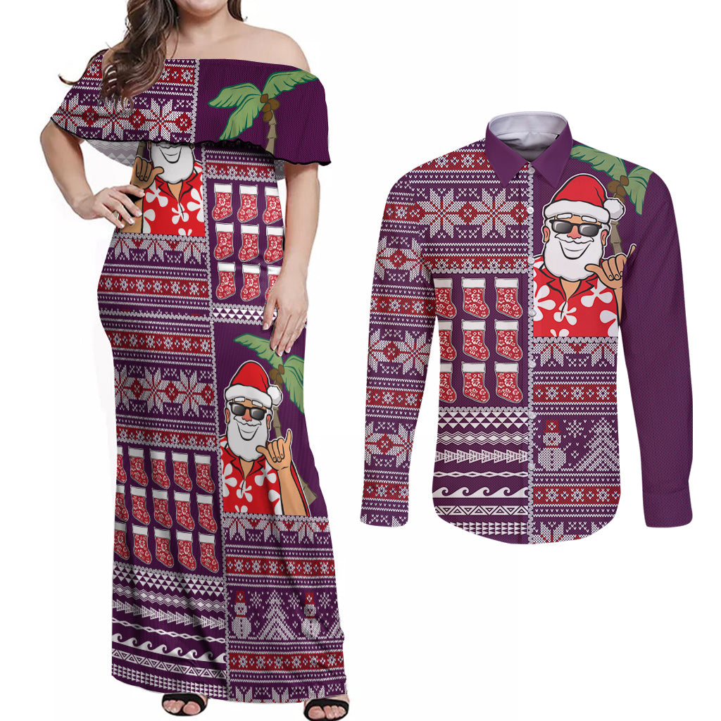 Hawaii Mele Kalikimaka Couples Matching Off Shoulder Maxi Dress and Long Sleeve Button Shirt Aloha and Christmas Elements Patchwork Pink Style LT03 Pink - Polynesian Pride