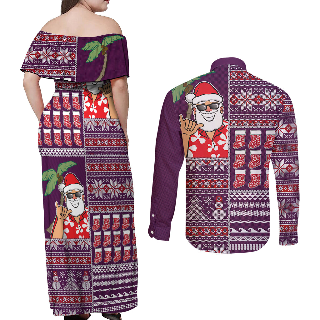 Hawaii Mele Kalikimaka Couples Matching Off Shoulder Maxi Dress and Long Sleeve Button Shirt Aloha and Christmas Elements Patchwork Pink Style LT03 - Polynesian Pride
