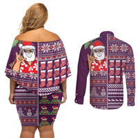 Hawaii Mele Kalikimaka Couples Matching Off Shoulder Short Dress and Long Sleeve Button Shirt Aloha and Christmas Elements Patchwork Pink Style LT03 - Polynesian Pride