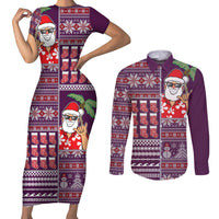 Hawaii Mele Kalikimaka Couples Matching Short Sleeve Bodycon Dress and Long Sleeve Button Shirt Aloha and Christmas Elements Patchwork Pink Style LT03 Pink - Polynesian Pride