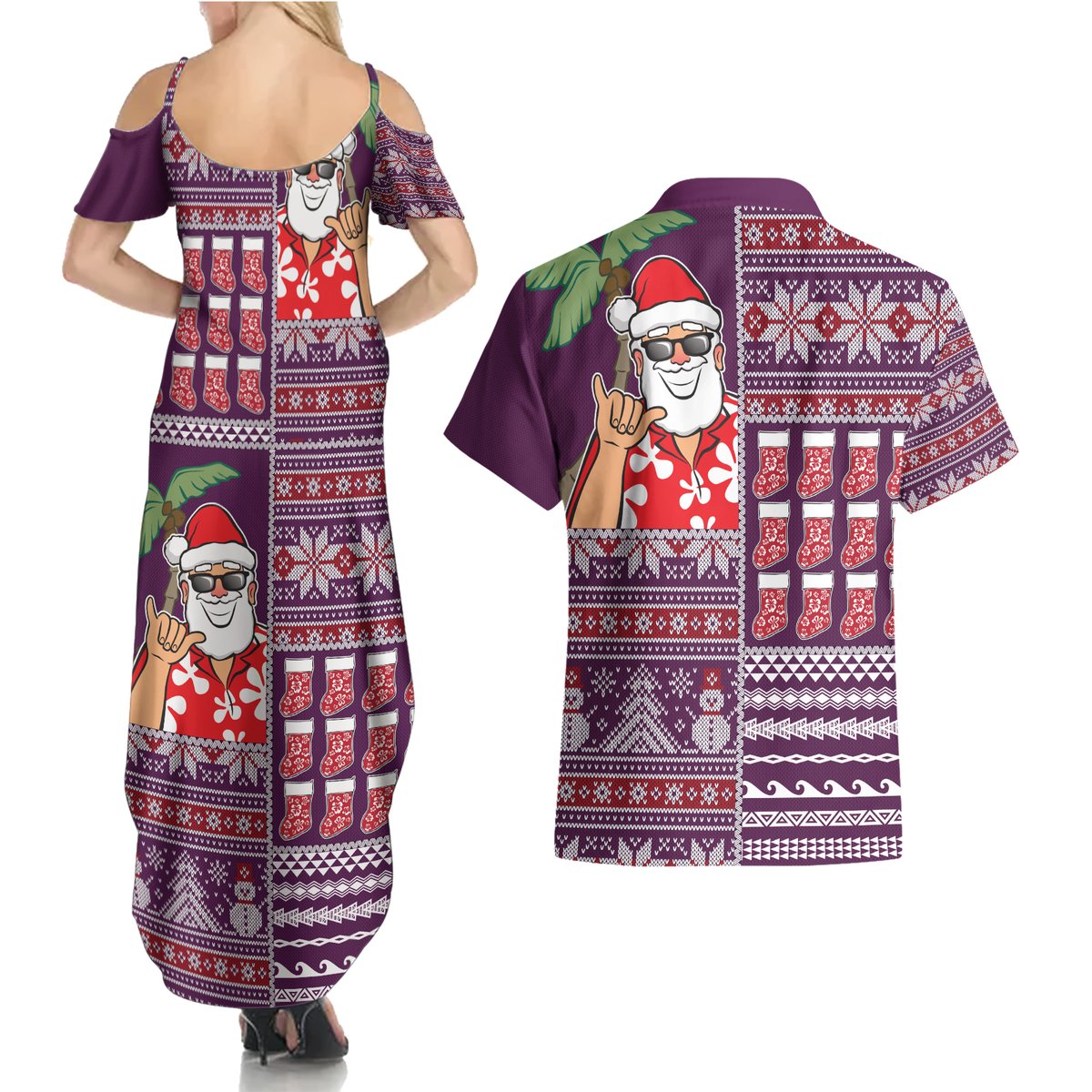 Hawaii Mele Kalikimaka Couples Matching Summer Maxi Dress and Hawaiian Shirt Aloha and Christmas Elements Patchwork Pink Style LT03 - Polynesian Pride